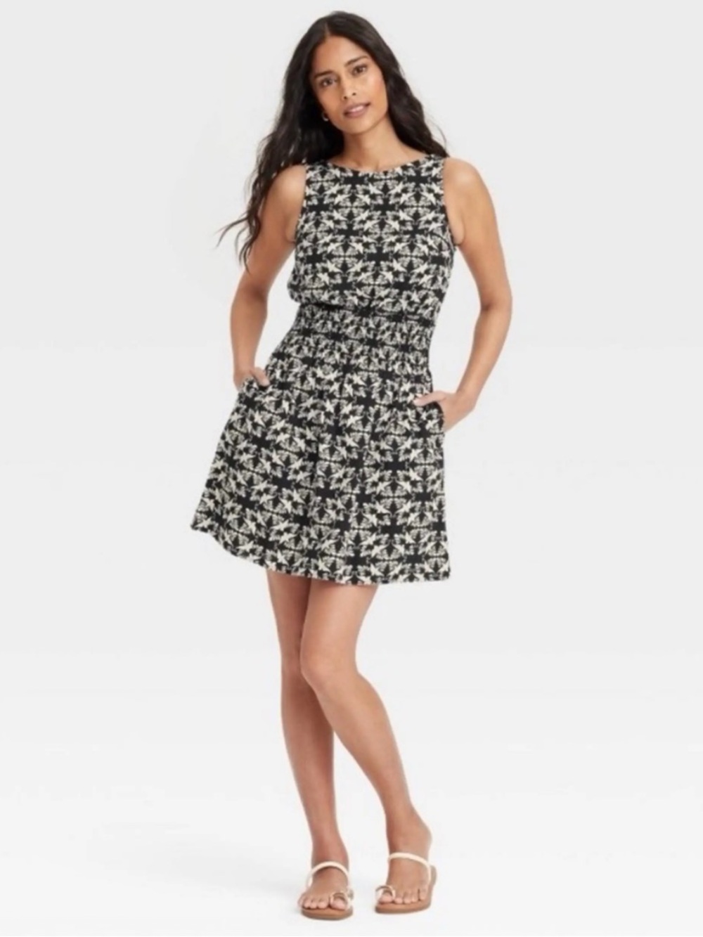 Universal Thread Black and White Sleeveless Smocked-Waist Mini Dress